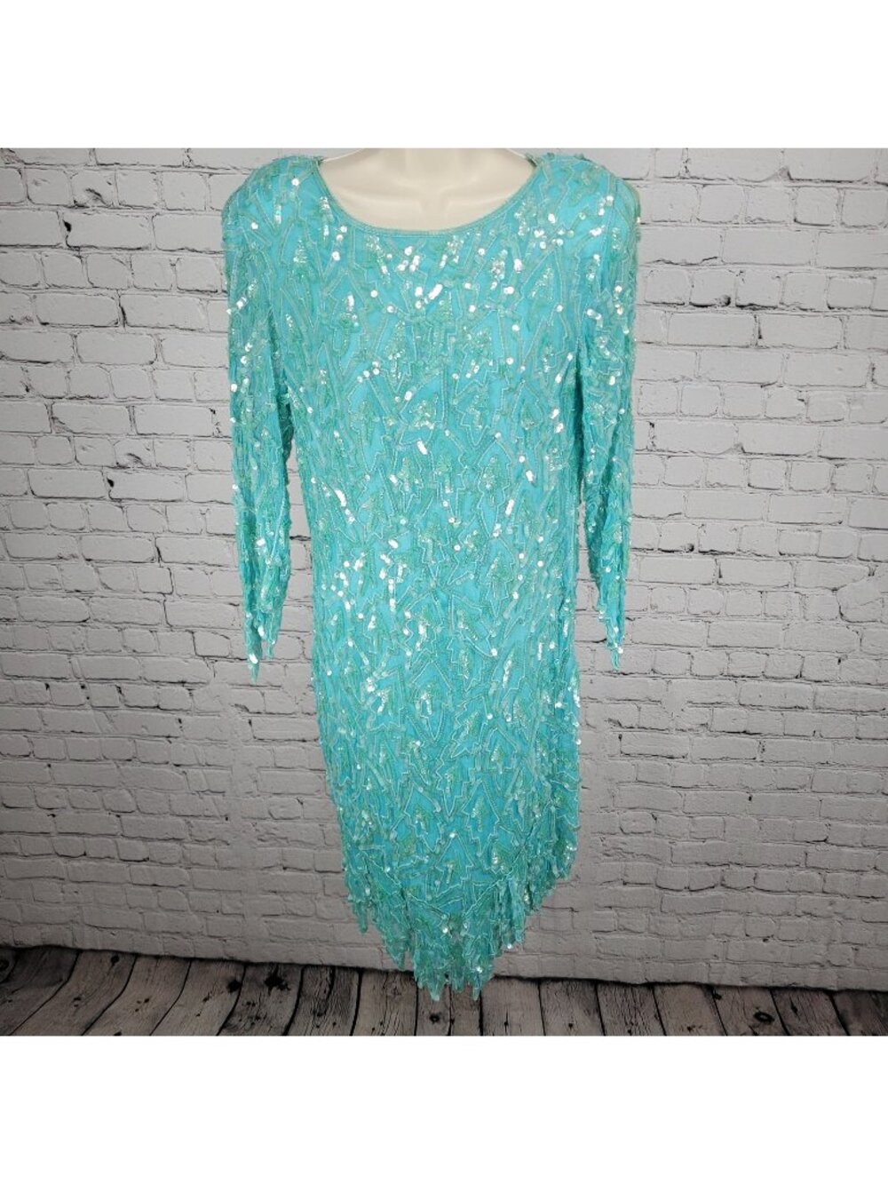 VTG Swee Lo Blue 100% Silk Sequin Beaded 3/4 Sleeve Lined Dress Size Small S